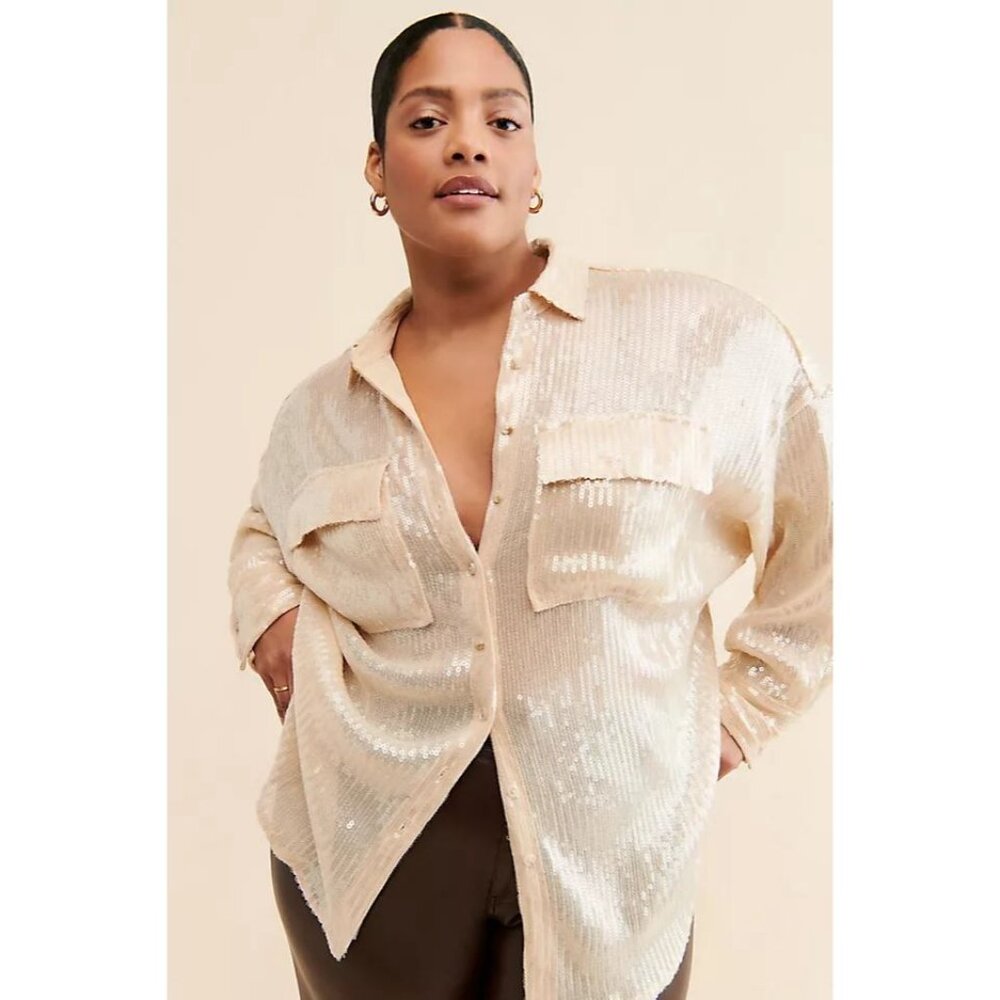 Anthropologie NWT Sequin Shine Button Down Shirt in Pearl size 1X